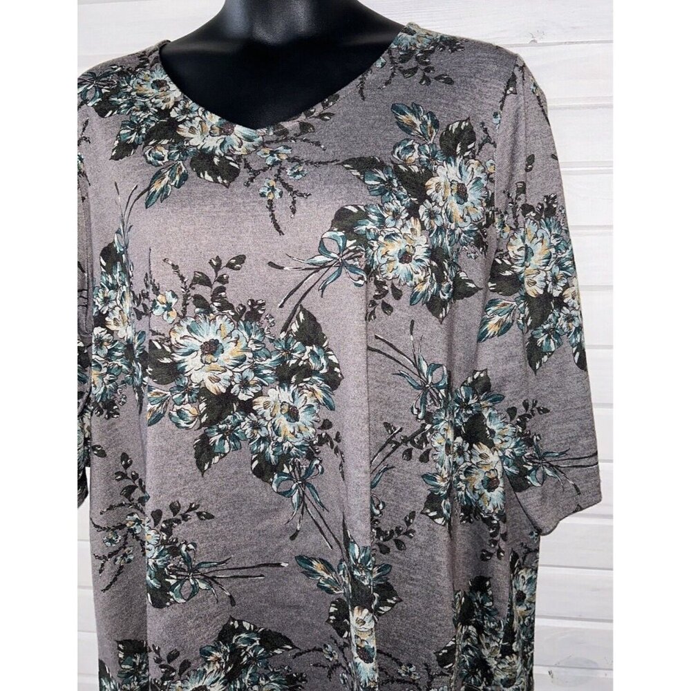 Catherines Sz PLUS 2X Brown Teal Floral Print Knit Top 3/4 Sleeves Stretch EUC